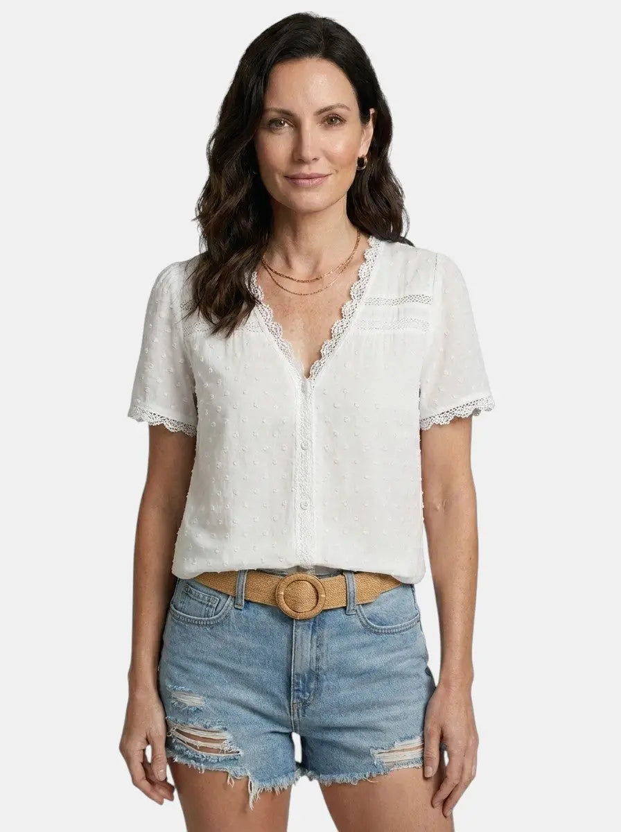 Theodora — Elegant Lace Blouse With Timeless Long Sleeve V-Neck Design White