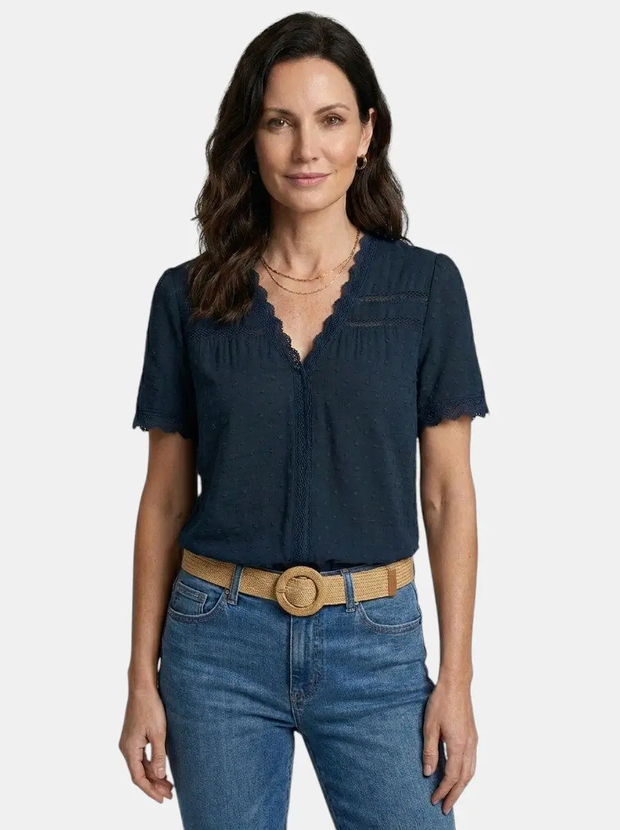Theodora — Elegant Lace Blouse With Timeless Long Sleeve V-Neck Design Navy Blue