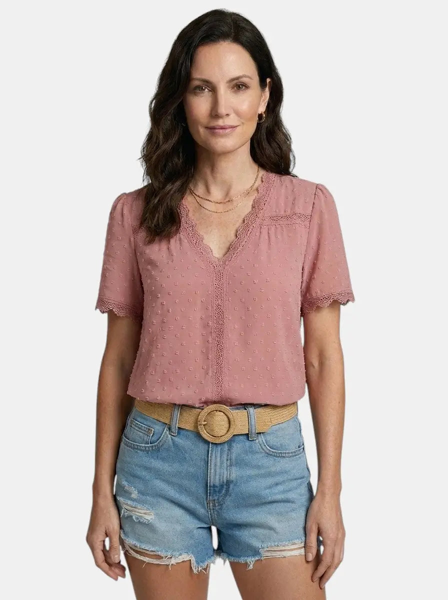 Theodora — Elegant Lace Blouse With Timeless Long Sleeve V-Neck Design Pink