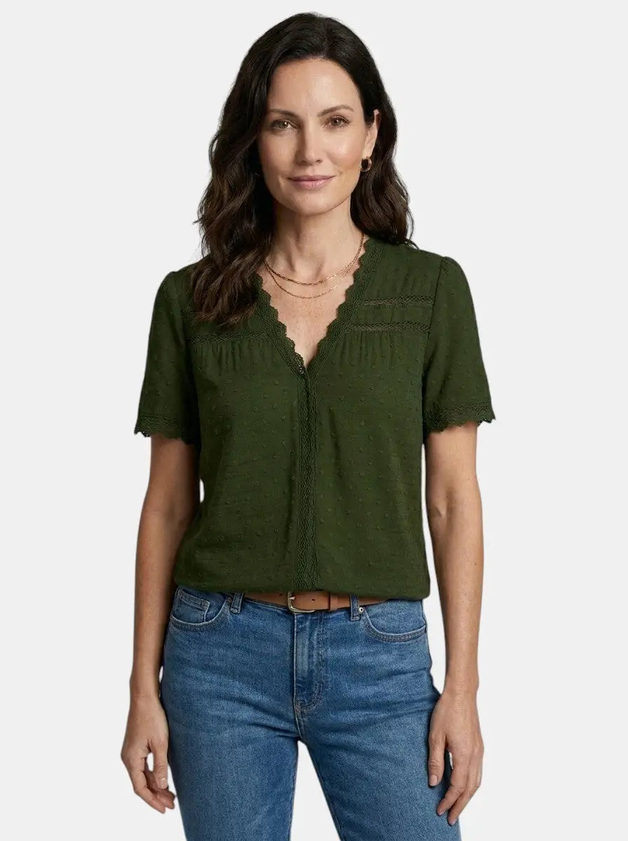 Theodora — Elegant Lace Blouse With Timeless Long Sleeve V-Neck Design Green
