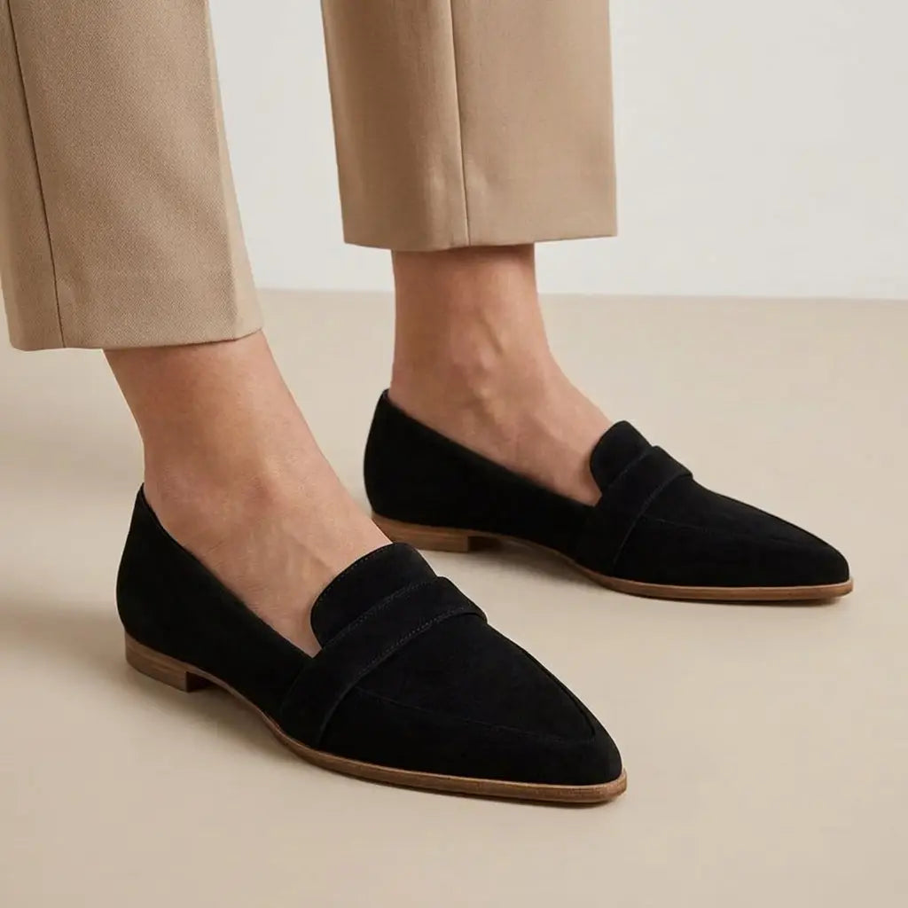 Pointedsummer — Elegant Leather Loafers With Stylish Pointed Toe Slip-On Summer Design Black