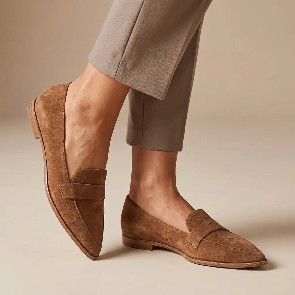 Pointedsummer — Elegant Leather Loafers With Stylish Pointed Toe Slip-On Summer Design Khaki