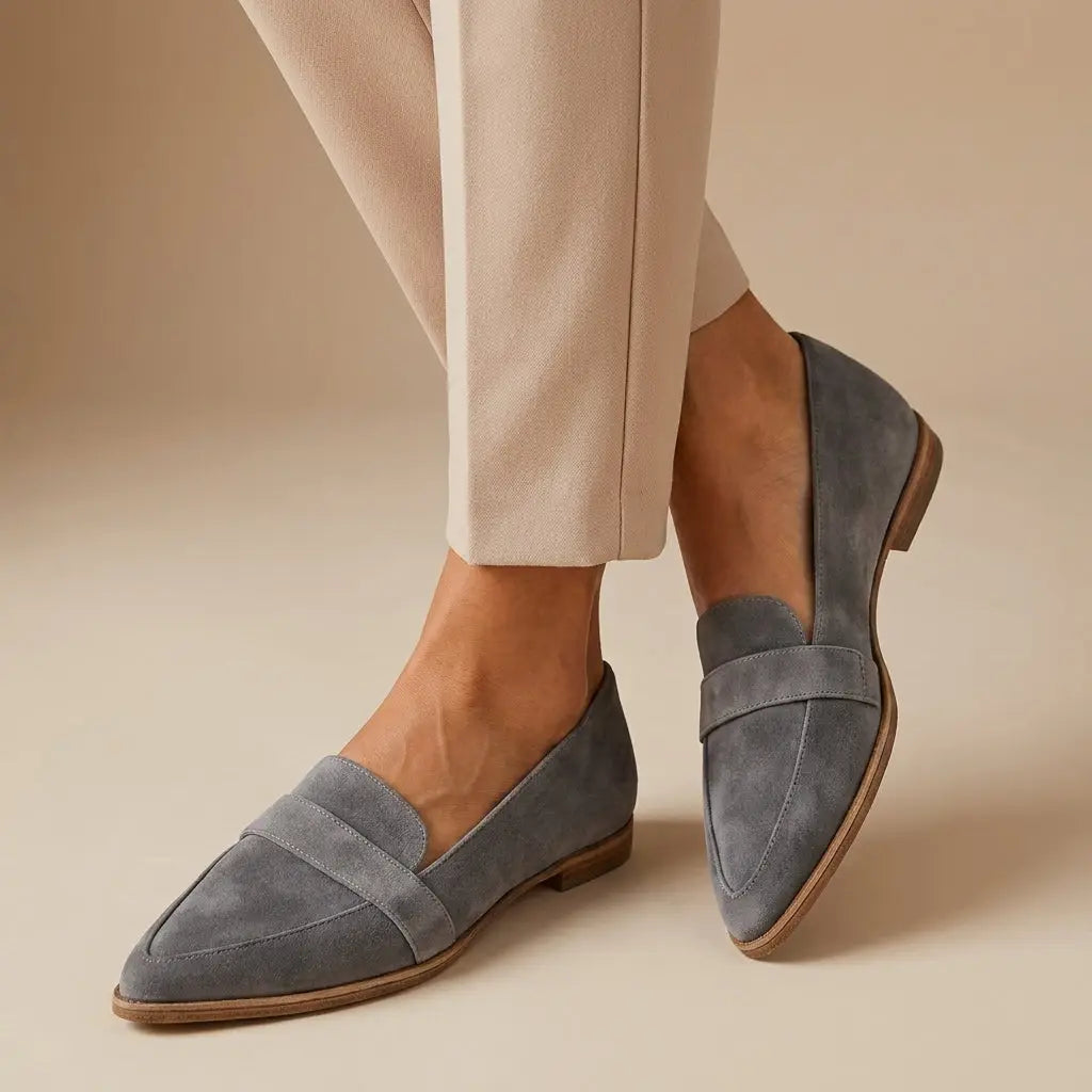 Pointedsummer — Elegant Leather Loafers With Stylish Pointed Toe Slip-On Summer Design Grey