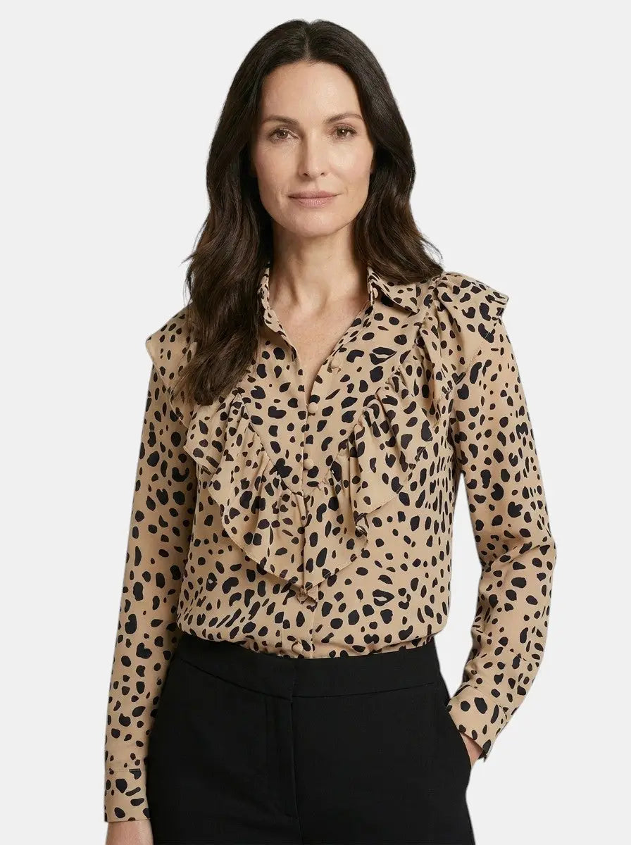 Calliope — Elegant Leopard Print Long Sleeve Blouse For Stylish Year-Round Wear Beige