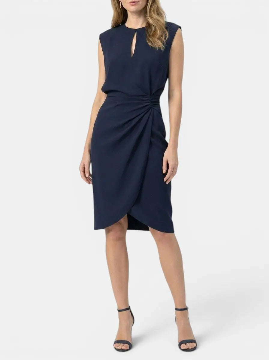 Theodosia — Elegant Midi Cocktail Dress With Keyhole Neckline And Ruched Waist Navy Blue