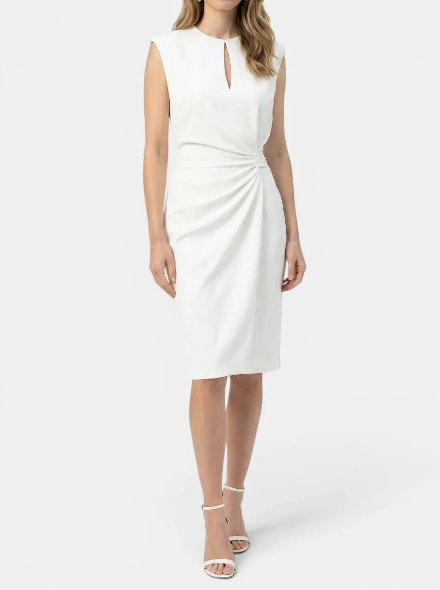 Theodosia — Elegant Midi Cocktail Dress With Keyhole Neckline And Ruched Waist White