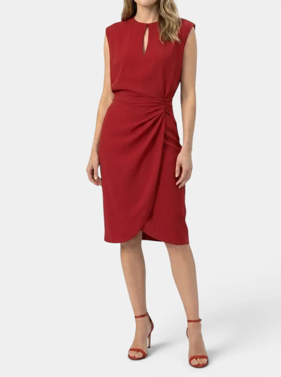 Theodosia — Elegant Midi Cocktail Dress With Keyhole Neckline And Ruched Waist Red