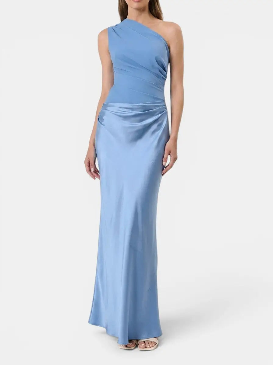 Persimmon — Elegant Pleated Maxi Dress With Stylish One-Shoulder Formal Design Blue