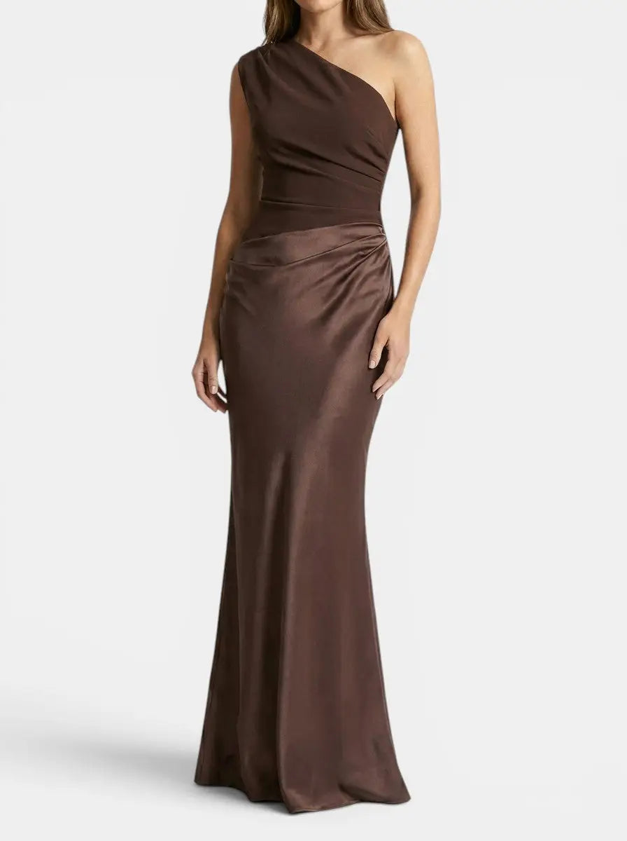 Persimmon — Elegant Pleated Maxi Dress With Stylish One-Shoulder Formal Design Brown