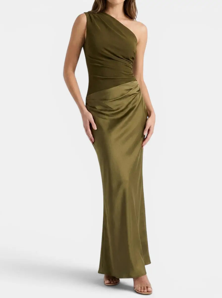 Persimmon — Elegant Pleated Maxi Dress With Stylish One-Shoulder Formal Design Dark Green
