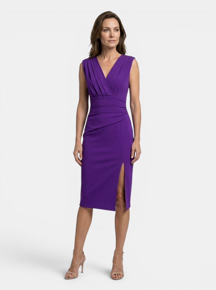 Ambrosia — Elegant Pleated Midi Dress With Sculpted Formal Evening Design Purple
