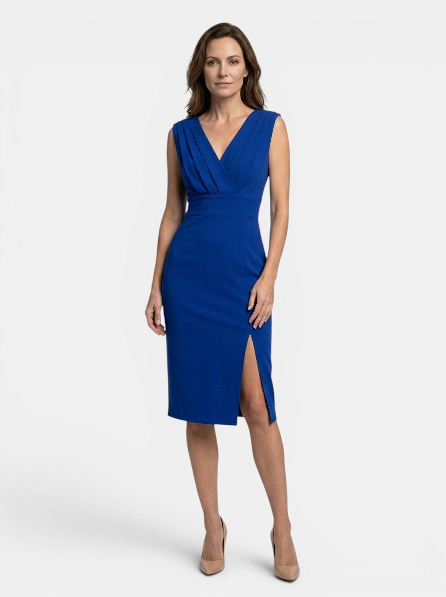 Ambrosia — Elegant Pleated Midi Dress With Sculpted Formal Evening Design Blue