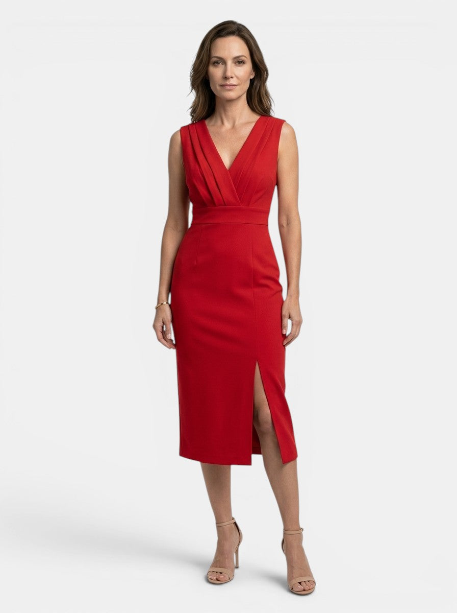 Ambrosia — Elegant Pleated Midi Dress With Sculpted Formal Evening Design Red