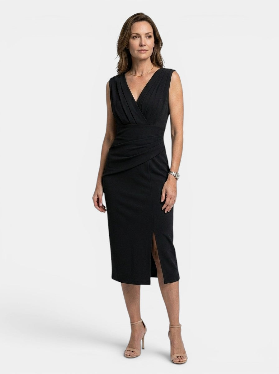 Ambrosia — Elegant Pleated Midi Dress With Sculpted Formal Evening Design Black