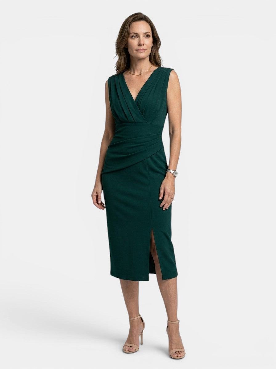 Ambrosia — Elegant Pleated Midi Dress With Sculpted Formal Evening Design Dark Green