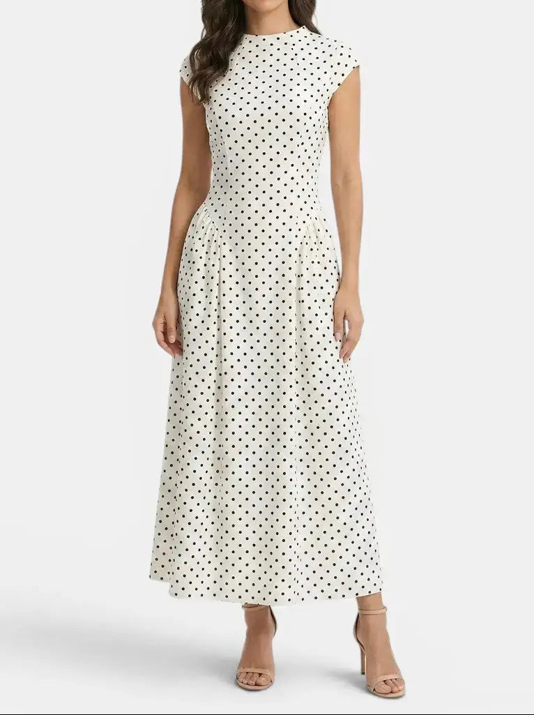 Anastasia — Elegant Polka Dot Maxi Dress With Chic Cap-Sleeve A-Line Design White