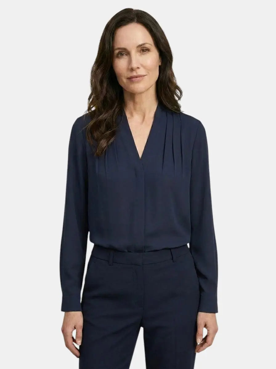 Marisia — Elegant Satin Puff Sleeve Blouse With Tailored Waist Summer Style Navy Blue