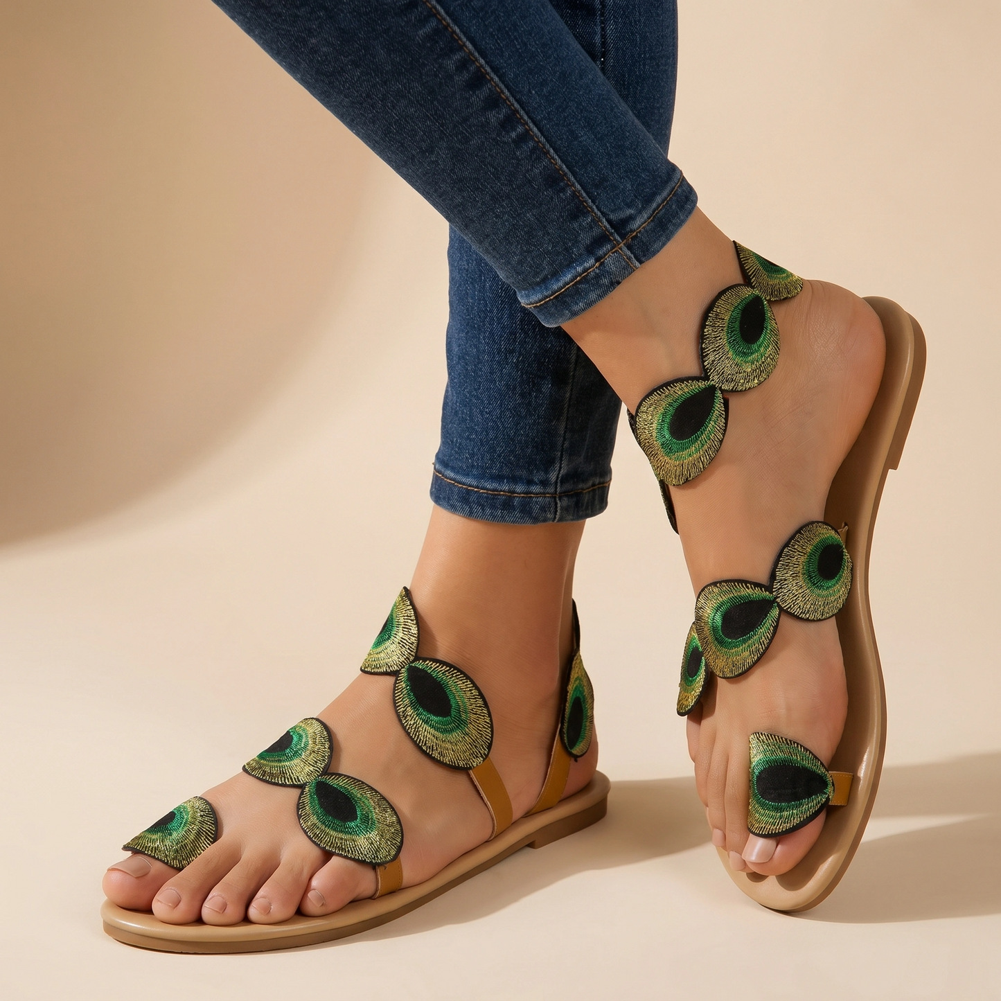 Marigold — Embroidered Floral Flat Sandals With Stylish Open-Toe Ankle Strap Design Green