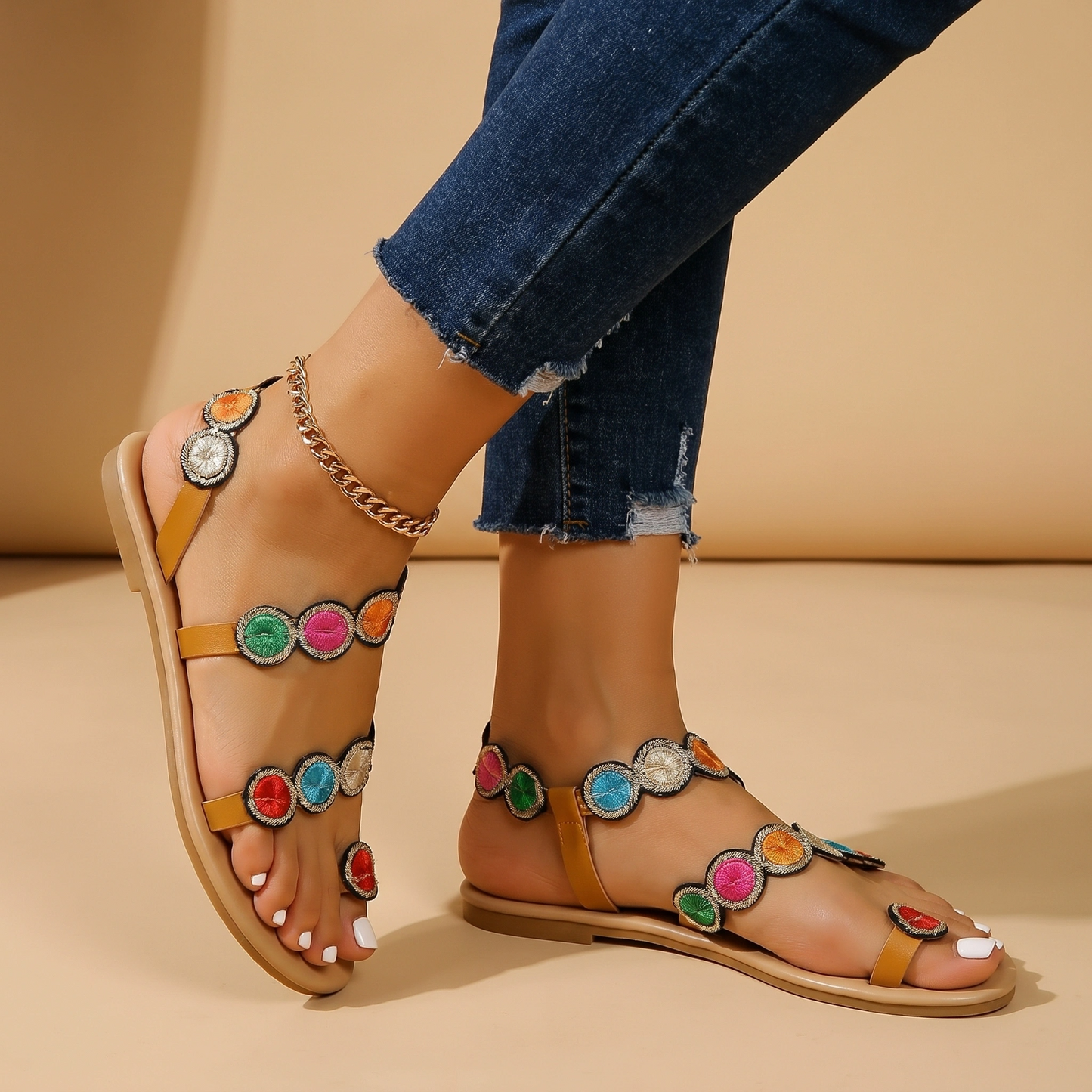 Marigold — Embroidered Floral Flat Sandals With Stylish Open-Toe Ankle Strap Design Multicolour
