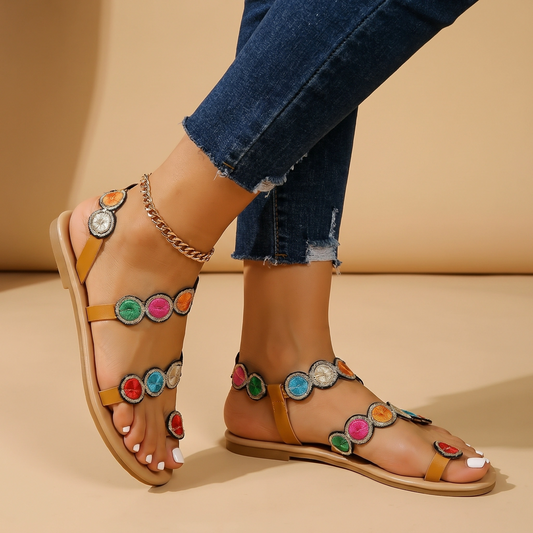Marigold — Embroidered Floral Flat Sandals With Stylish Open-Toe Ankle Strap Design Multicolour