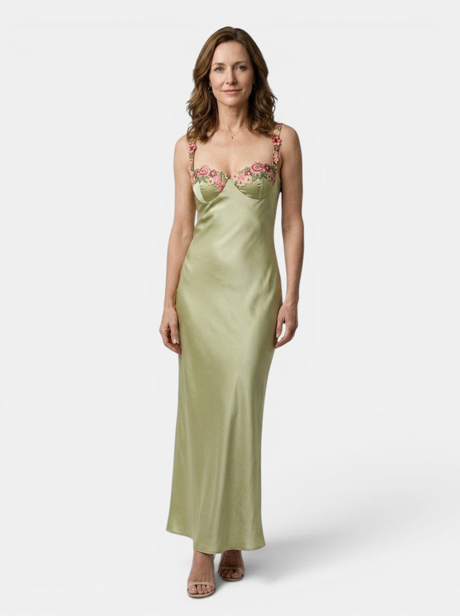 Genevra — Floral Embroidered Maxi Dress For Elegant Flowing Summer Gown Style Light Green