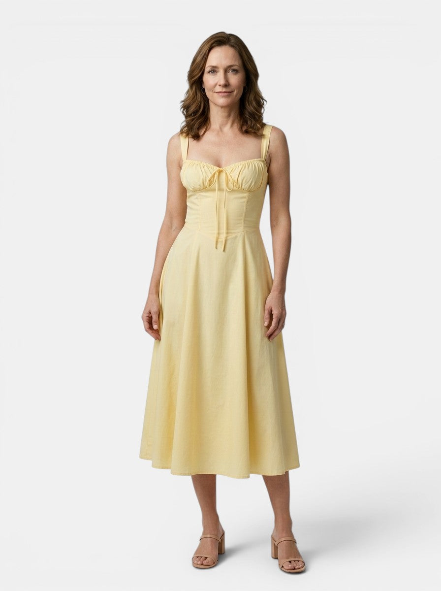 Marguerite — Floral Corset Midi Dress With Elegant Flowing Skirt Design Light Yellow
