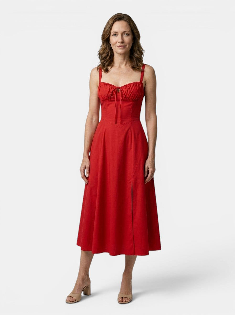 Marguerite — Floral Corset Midi Dress With Elegant Flowing Skirt Design Red