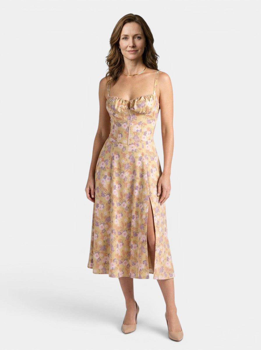 Marguerite — Floral Corset Midi Dress With Elegant Flowing Skirt Design Yellow