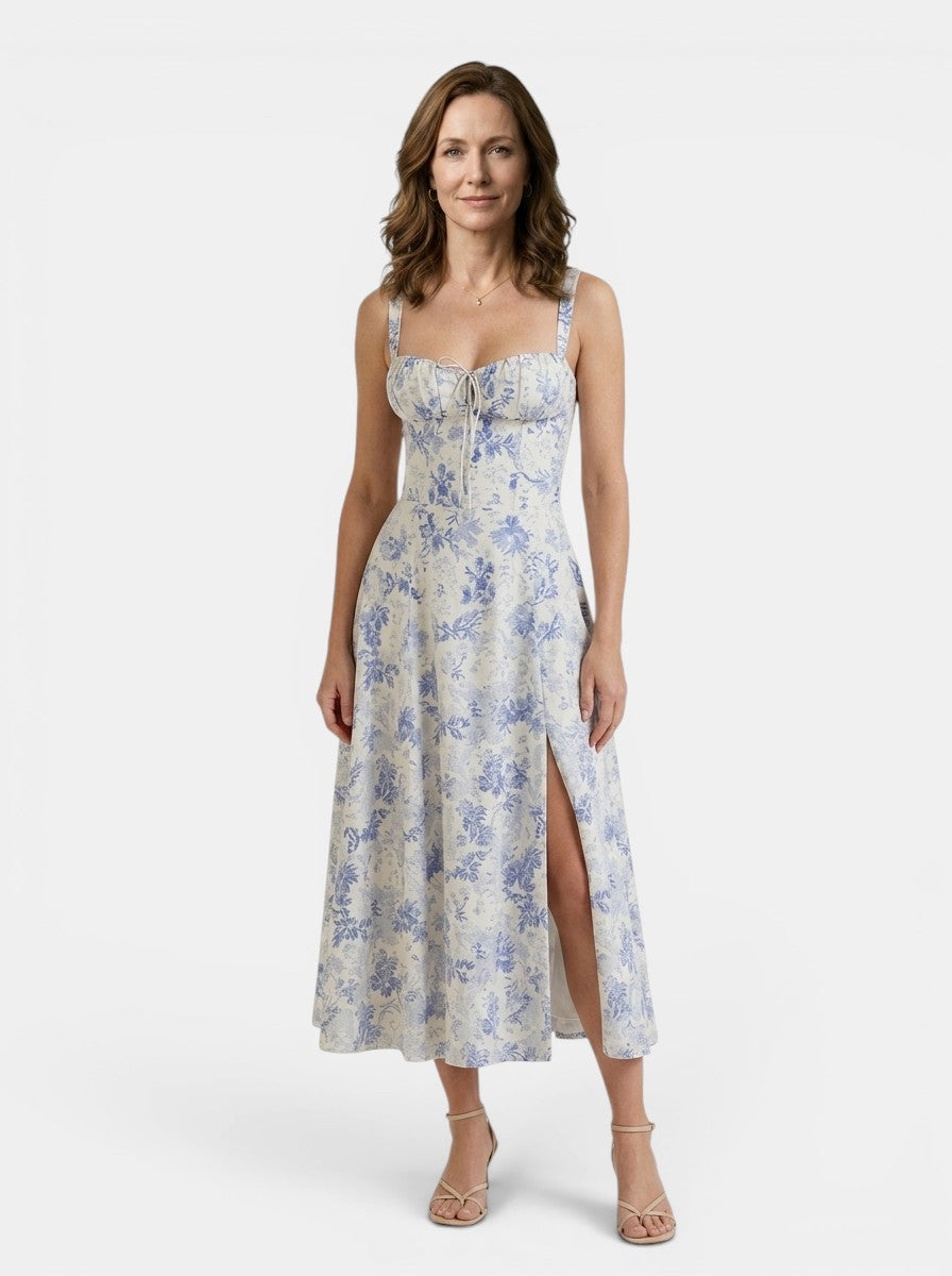 Marguerite — Floral Corset Midi Dress With Elegant Flowing Skirt Design Blue