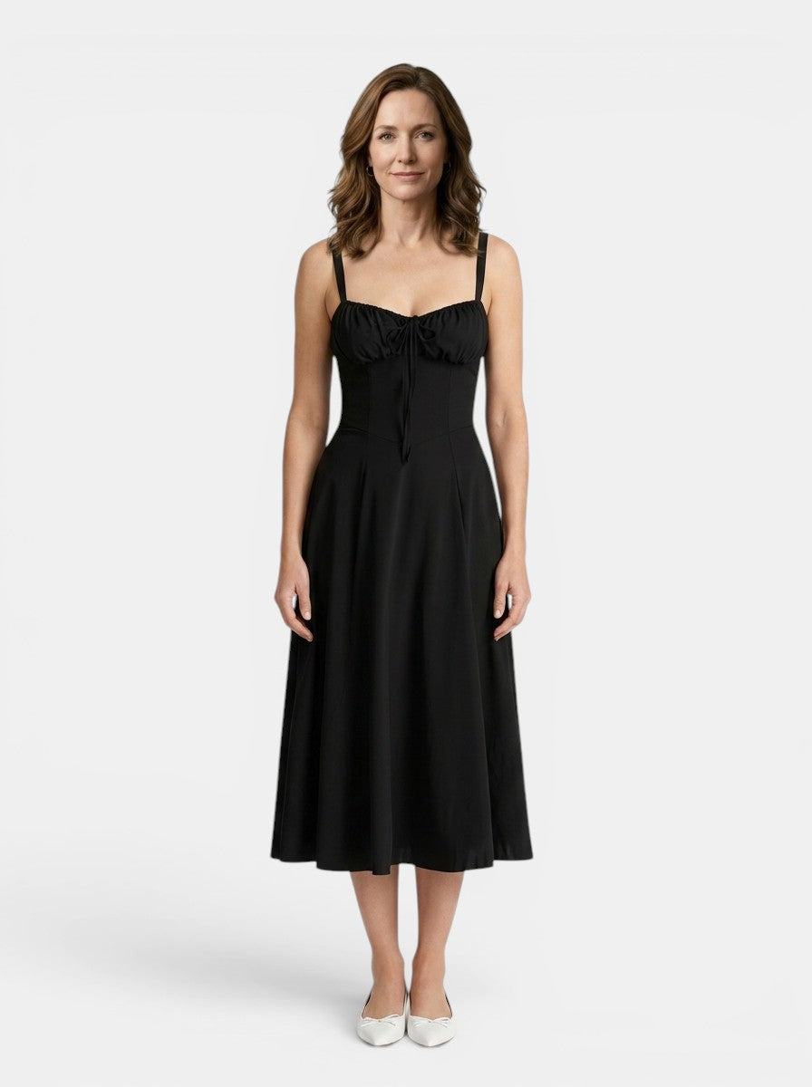 Marguerite — Floral Corset Midi Dress With Elegant Flowing Skirt Design Black