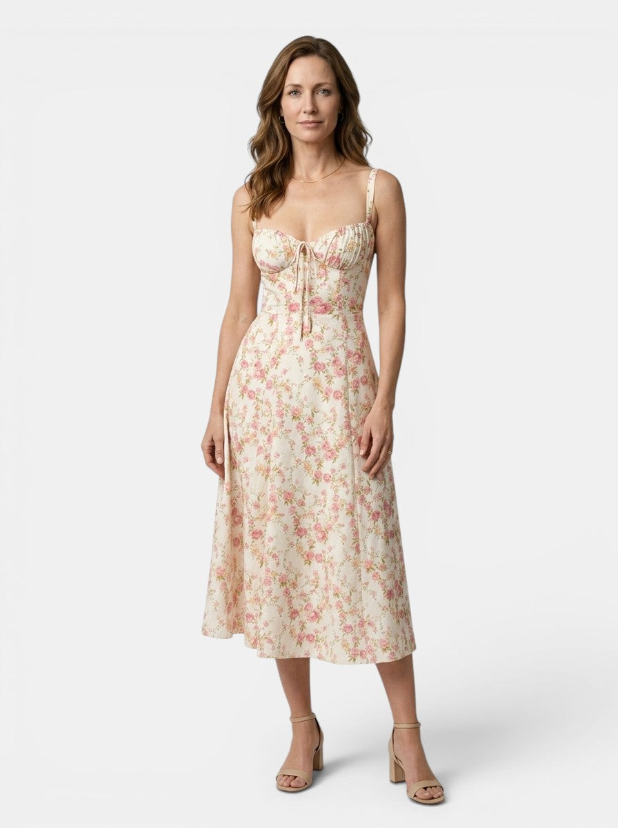 Marguerite — Floral Corset Midi Dress With Elegant Flowing Skirt Design Pink