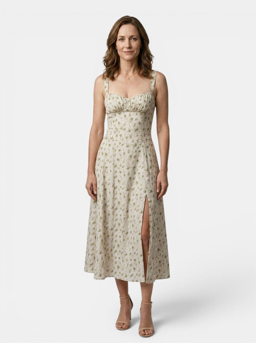 Marguerite — Floral Corset Midi Dress With Elegant Flowing Skirt Design Green