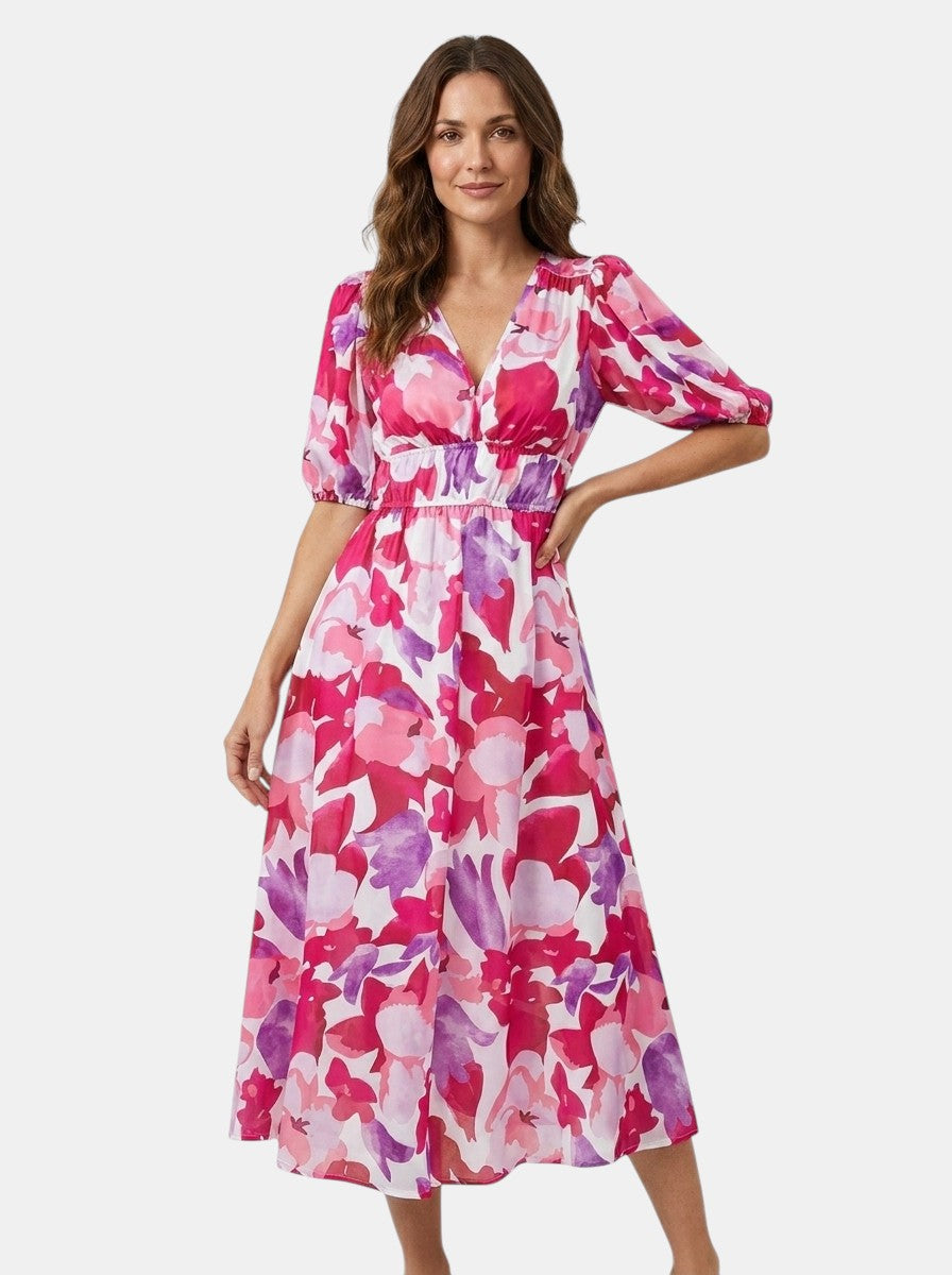 Rosamund — Floral Midi Dress With Lightweight Romantic Summer Style Pink