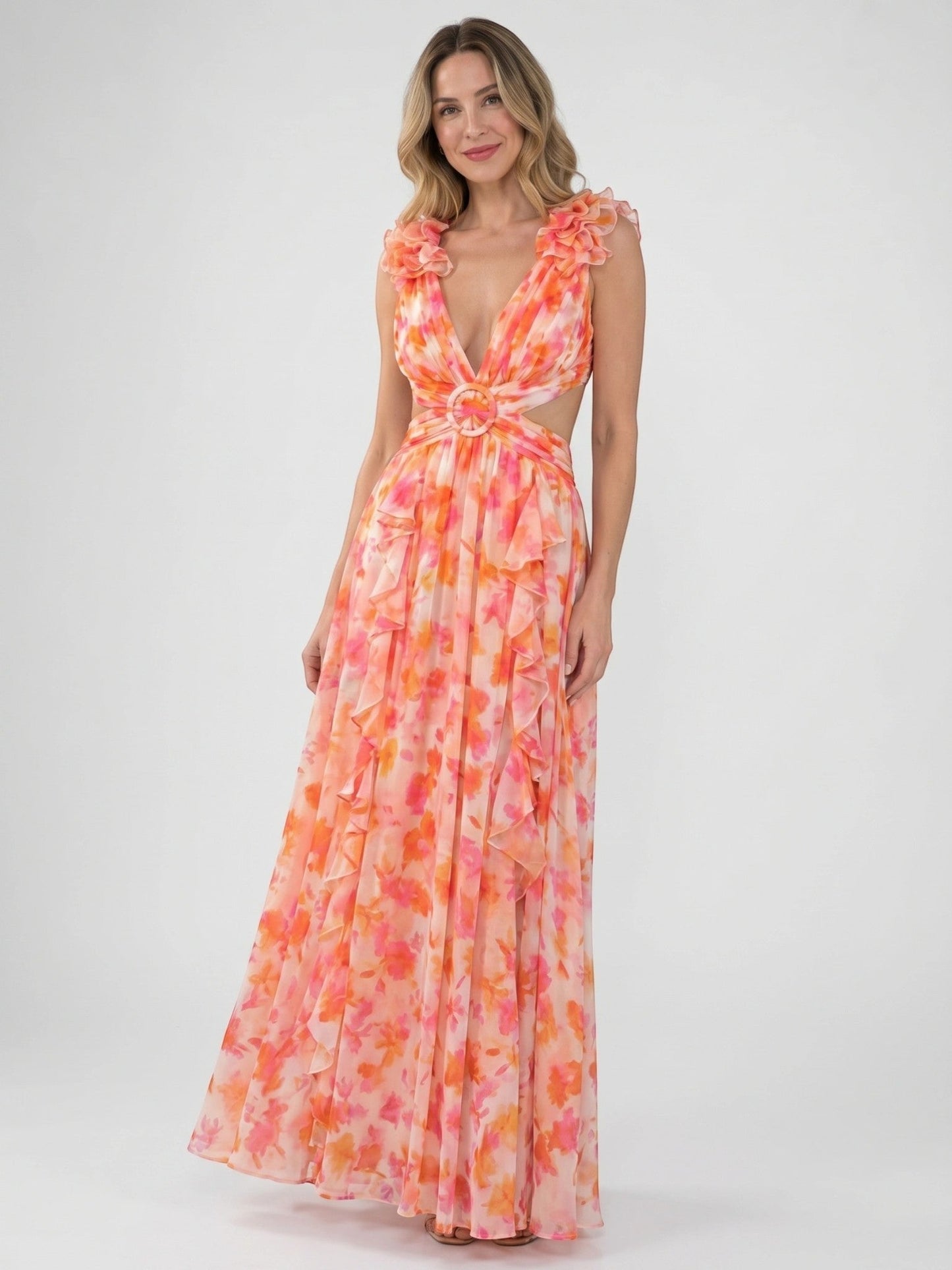 Marigold — Floral Maxi Dress With Lightweight Sleeveless Summer Gown Design Orange