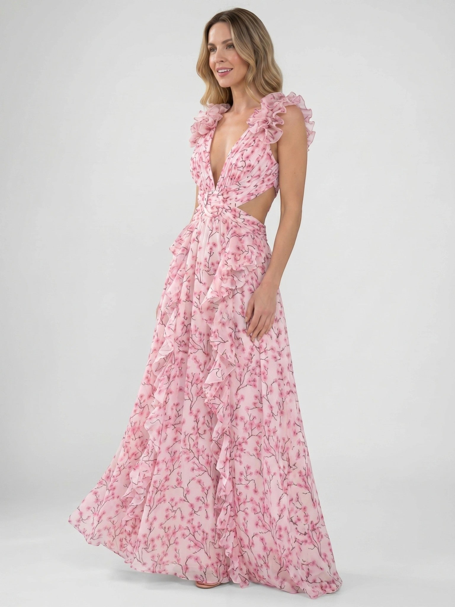 Marigold — Floral Maxi Dress With Lightweight Sleeveless Summer Gown Design Pink