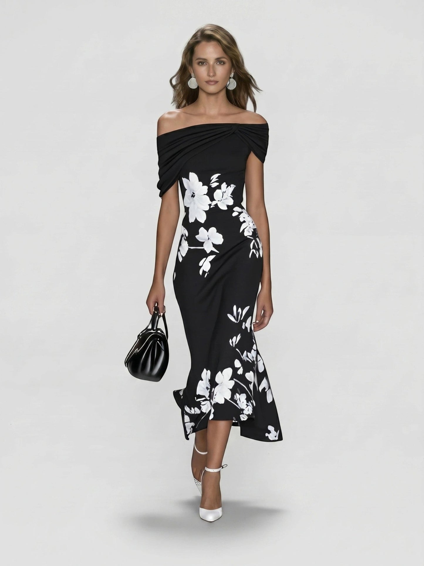 Floralmidi — Floral Midi Dress With Elegant Off-Shoulder Summer Wedding Guest Design Black
