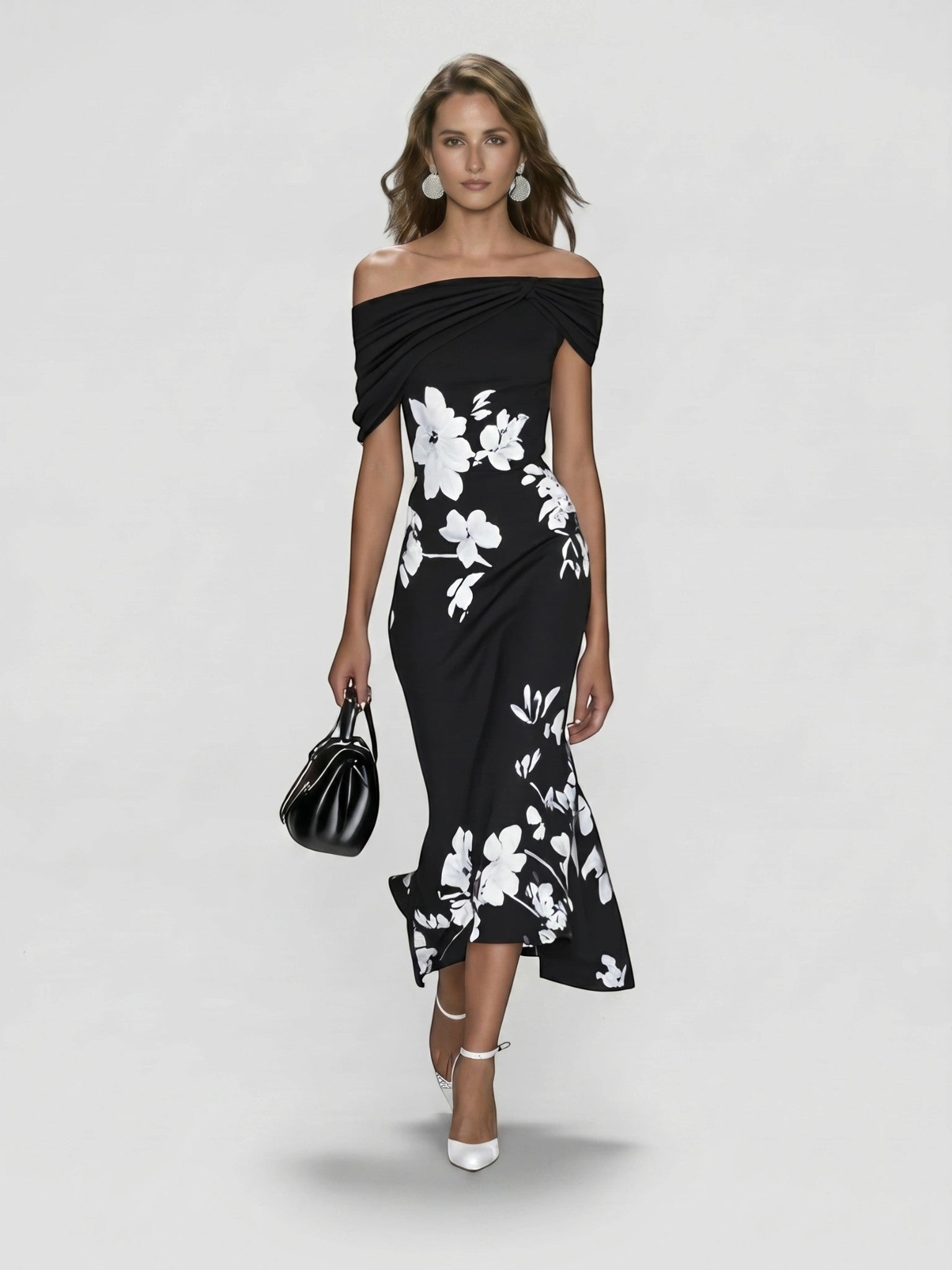 Floralmidi — Floral Midi Dress With Elegant Off-Shoulder Summer Wedding Guest Design Black