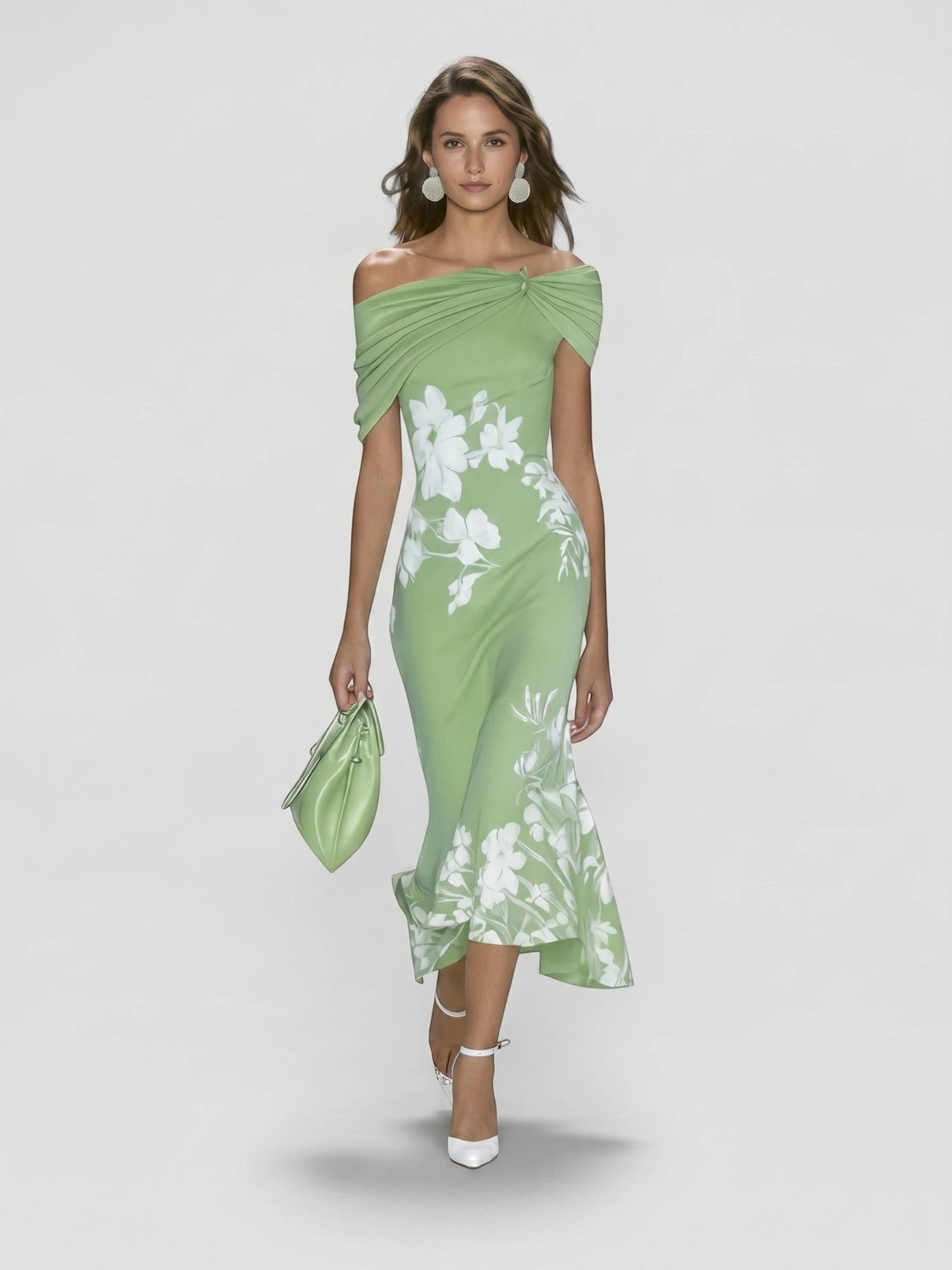 Floralmidi — Floral Midi Dress With Elegant Off-Shoulder Summer Wedding Guest Design Green