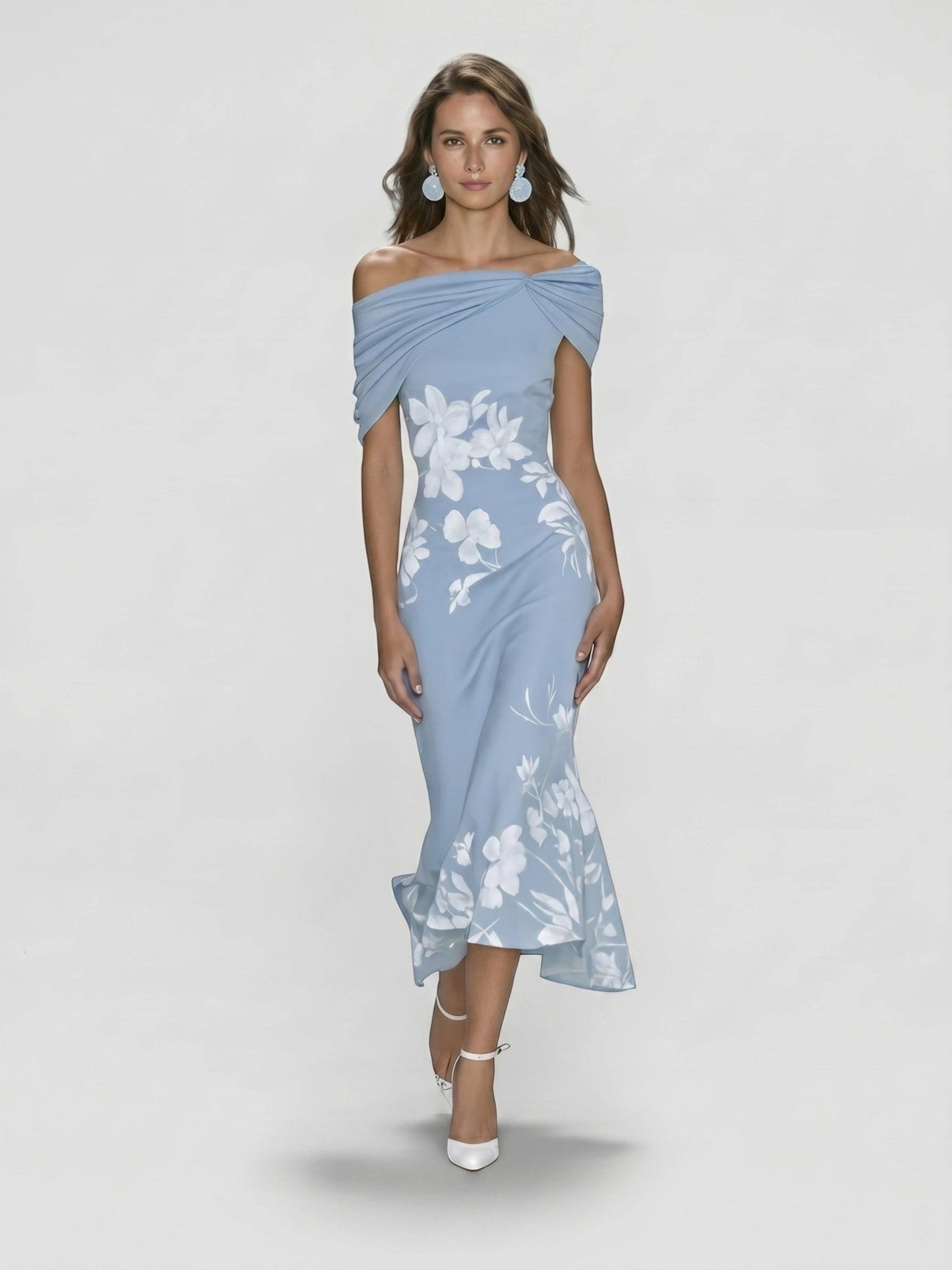 Floralmidi — Floral Midi Dress With Elegant Off-Shoulder Summer Wedding Guest Design Blue