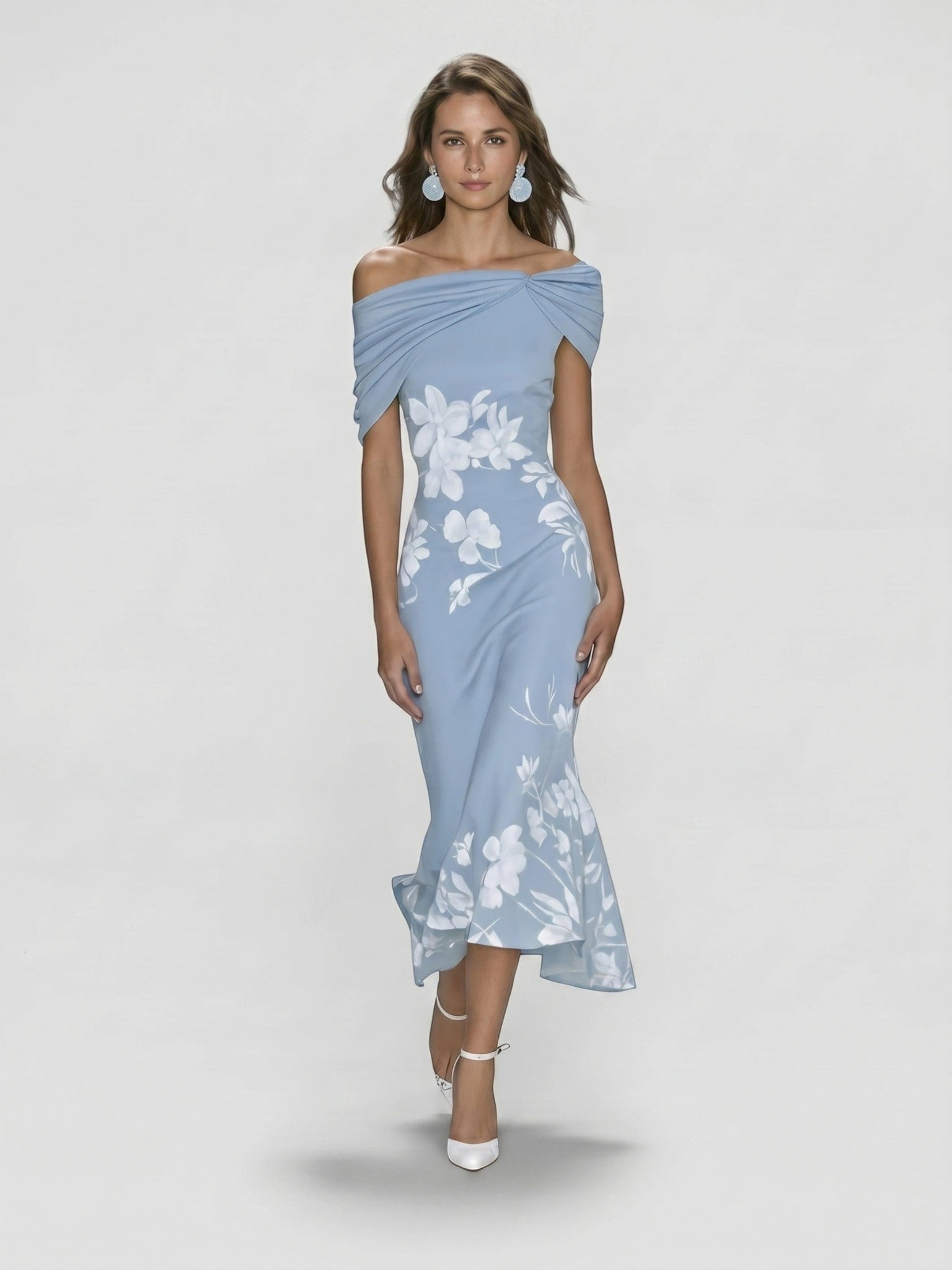 Floralmidi — Floral Midi Dress With Elegant Off-Shoulder Summer Wedding Guest Design Blue