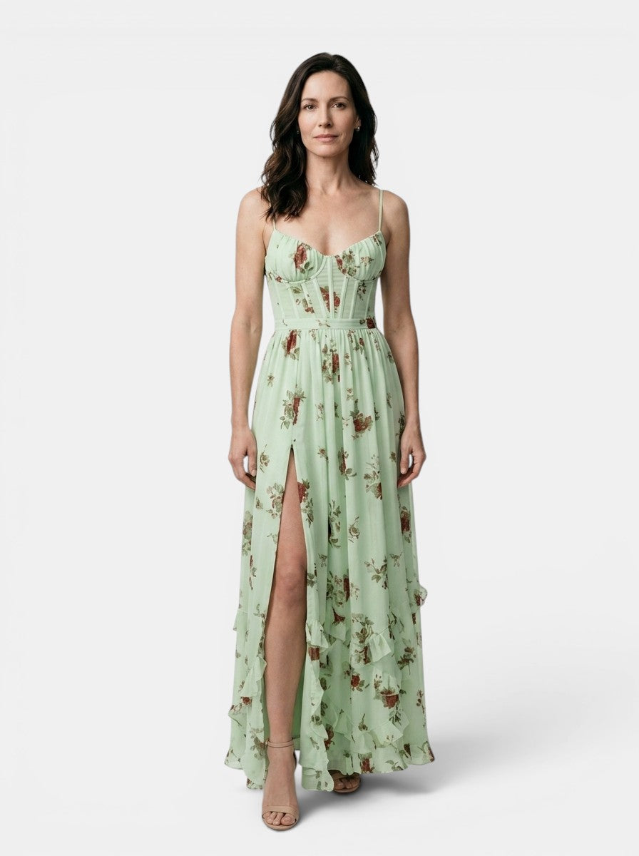Anouk — Floral Print Maxi Dress With Elegant Flowing Side Slit Design Green