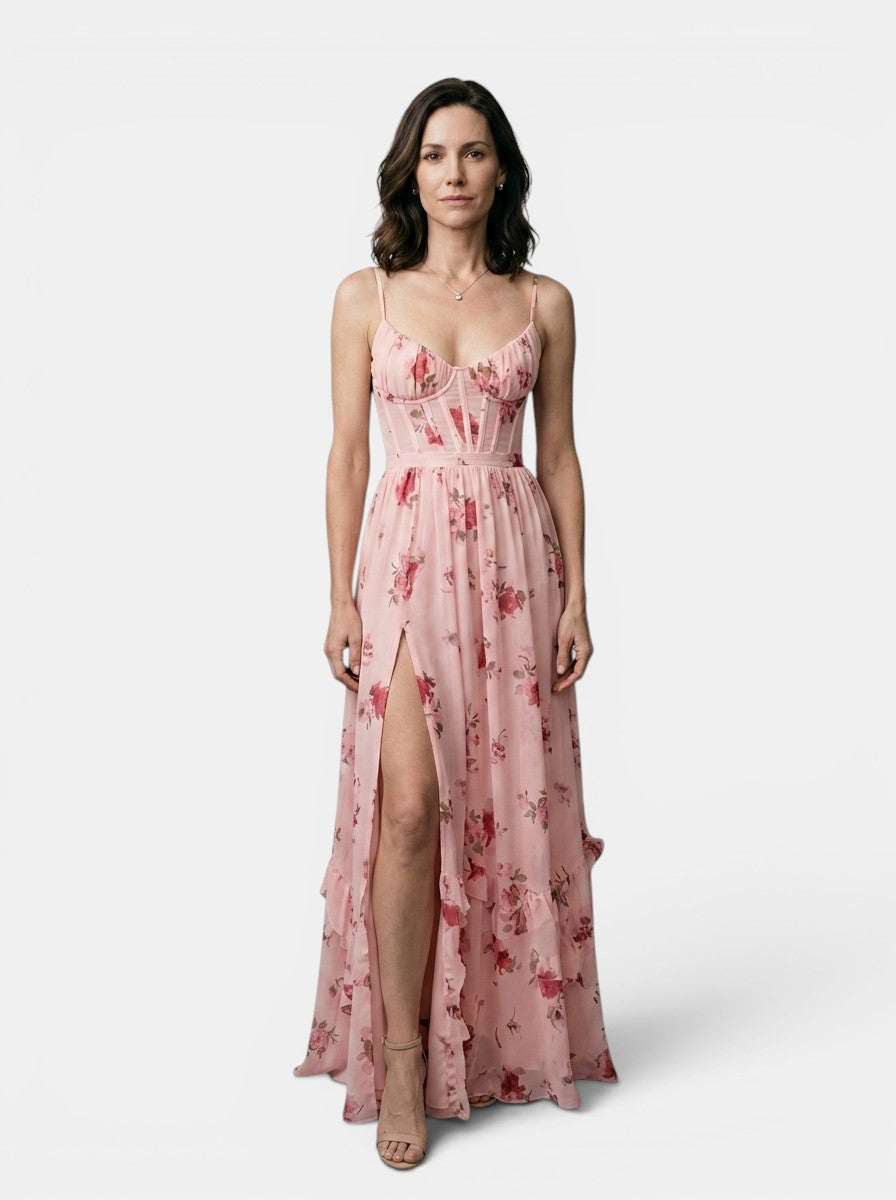 Anouk — Floral Print Maxi Dress With Elegant Flowing Side Slit Design Pink