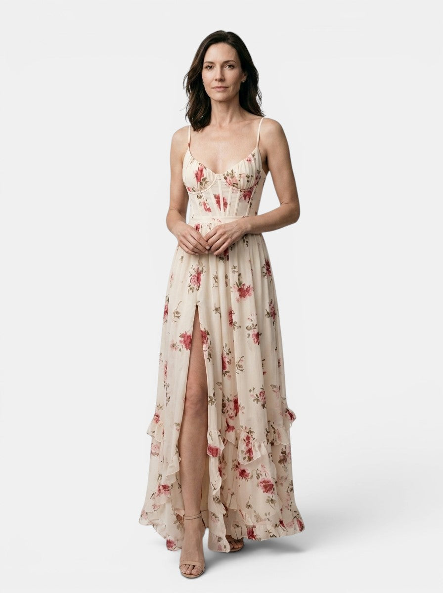 Anouk — Floral Print Maxi Dress With Elegant Flowing Side Slit Design White