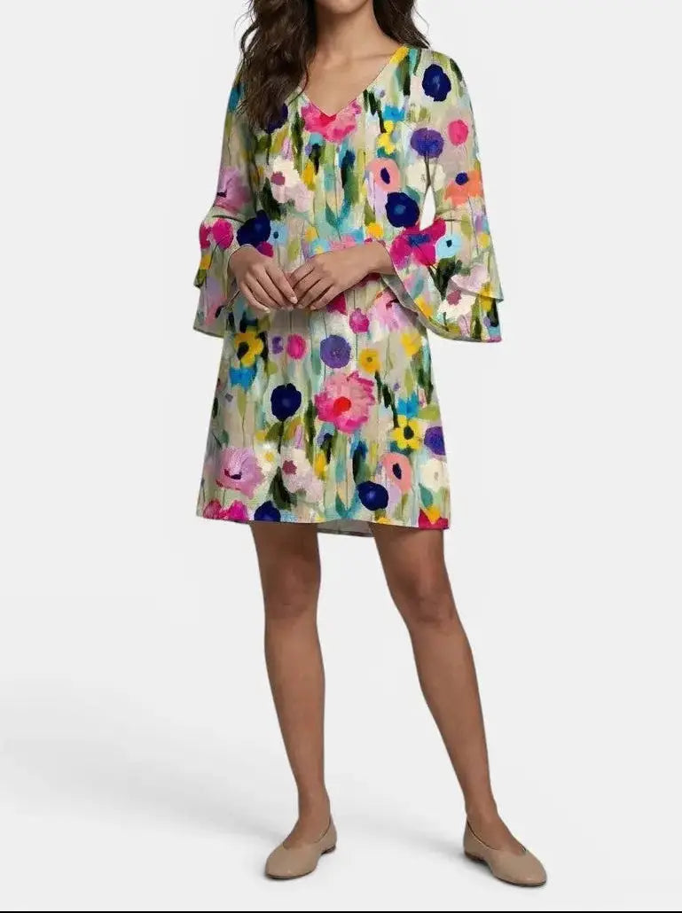 Florence — Floral Print Mini Dress With Elegant V-Neck Summer Design For Special Occasions Multicolored