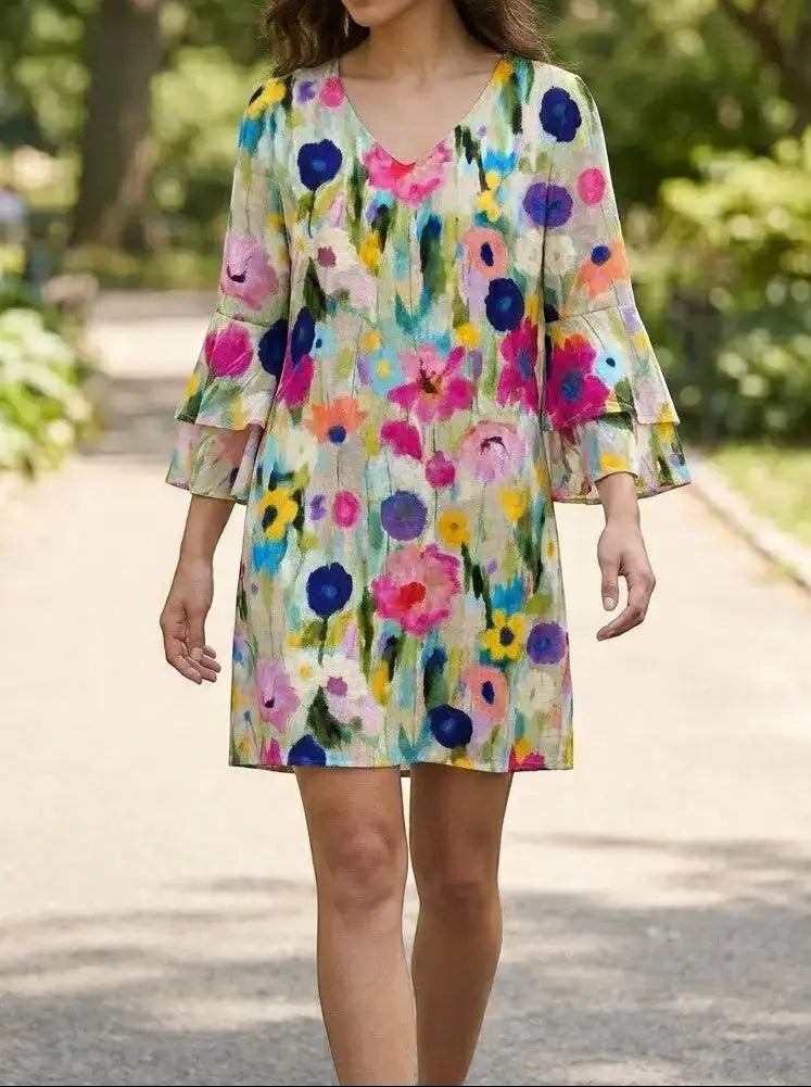 Florence — Floral Print Mini Dress With Elegant V-Neck Summer Design For Special Occasions
