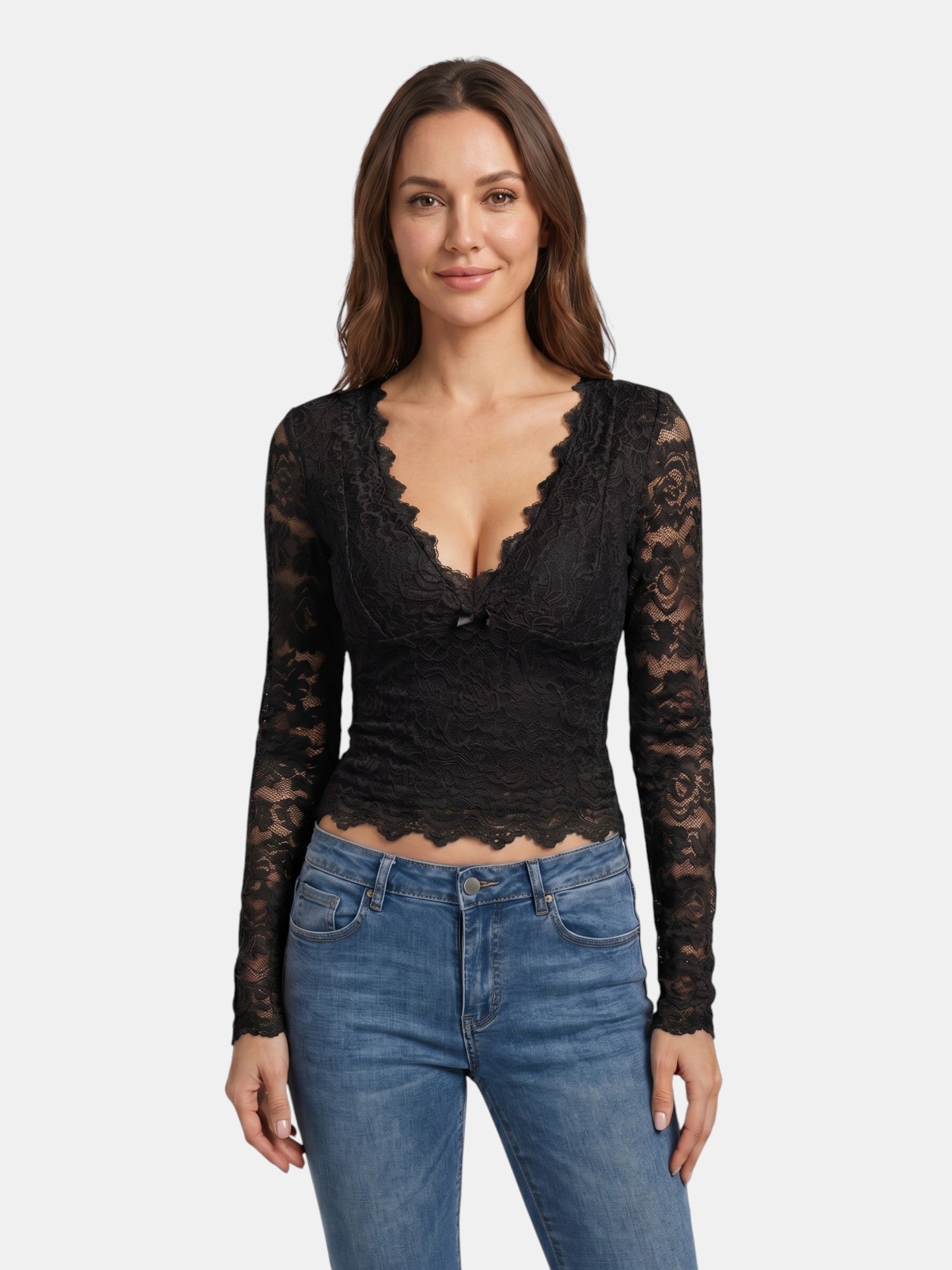 Scarlett — Floral Stretch Lace Crop Top With Elegant Sheer Scalloped Edges Black