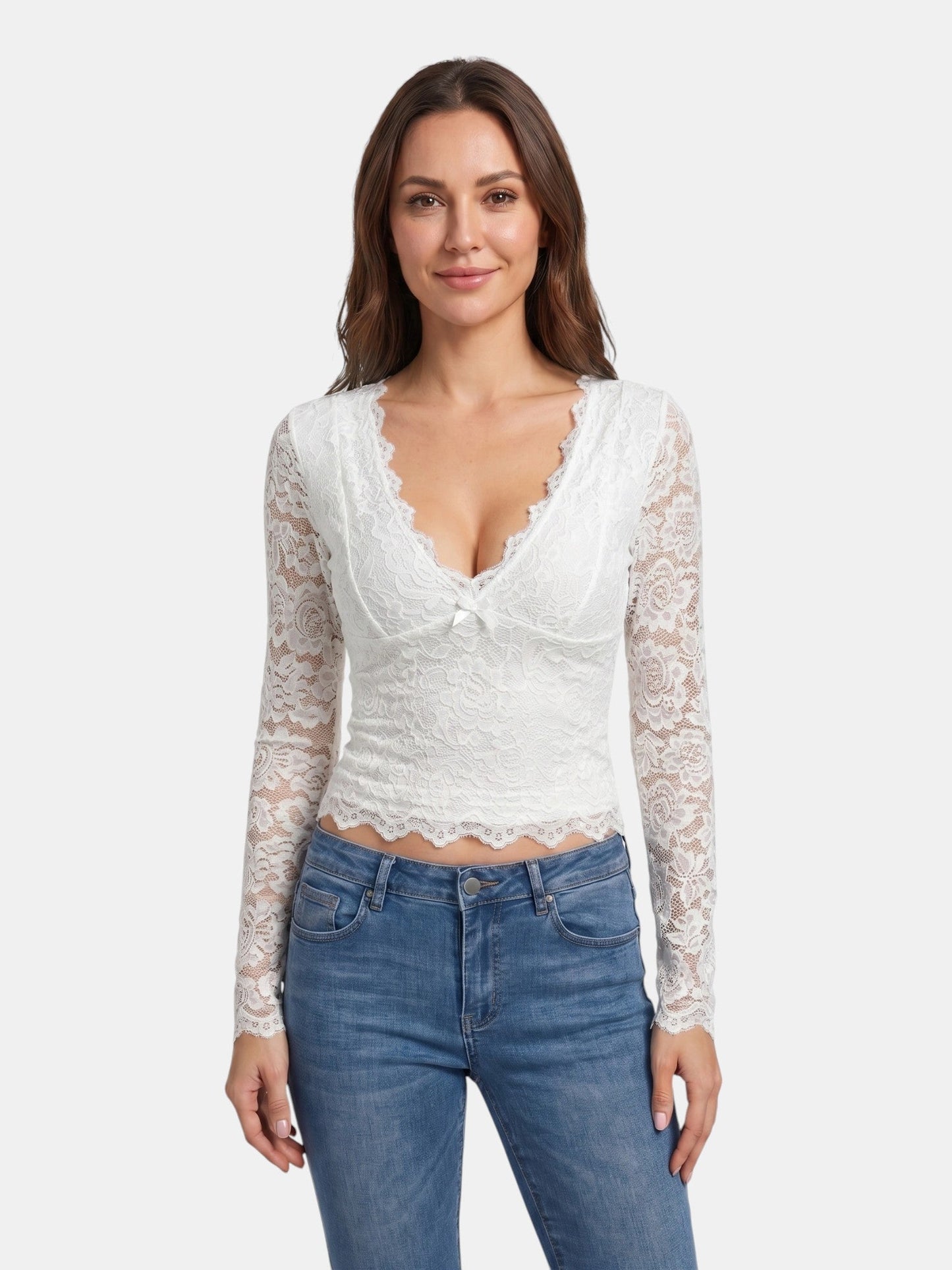 Scarlett — Floral Stretch Lace Crop Top With Elegant Sheer Scalloped Edges White