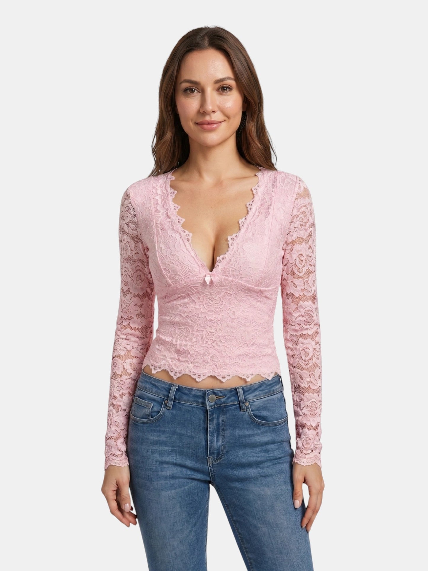 Scarlett — Floral Stretch Lace Crop Top With Elegant Sheer Scalloped Edges Pink