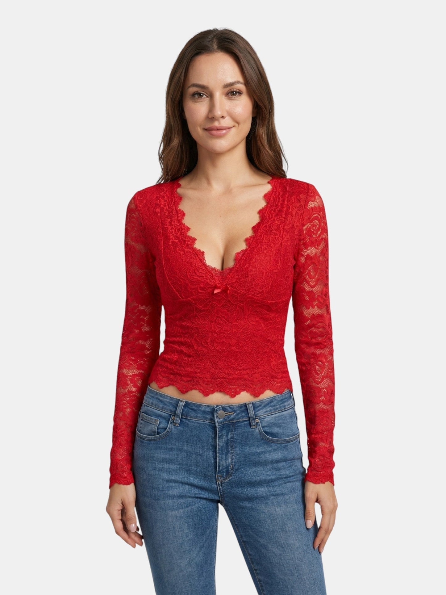 Scarlett — Floral Stretch Lace Crop Top With Elegant Sheer Scalloped Edges Red