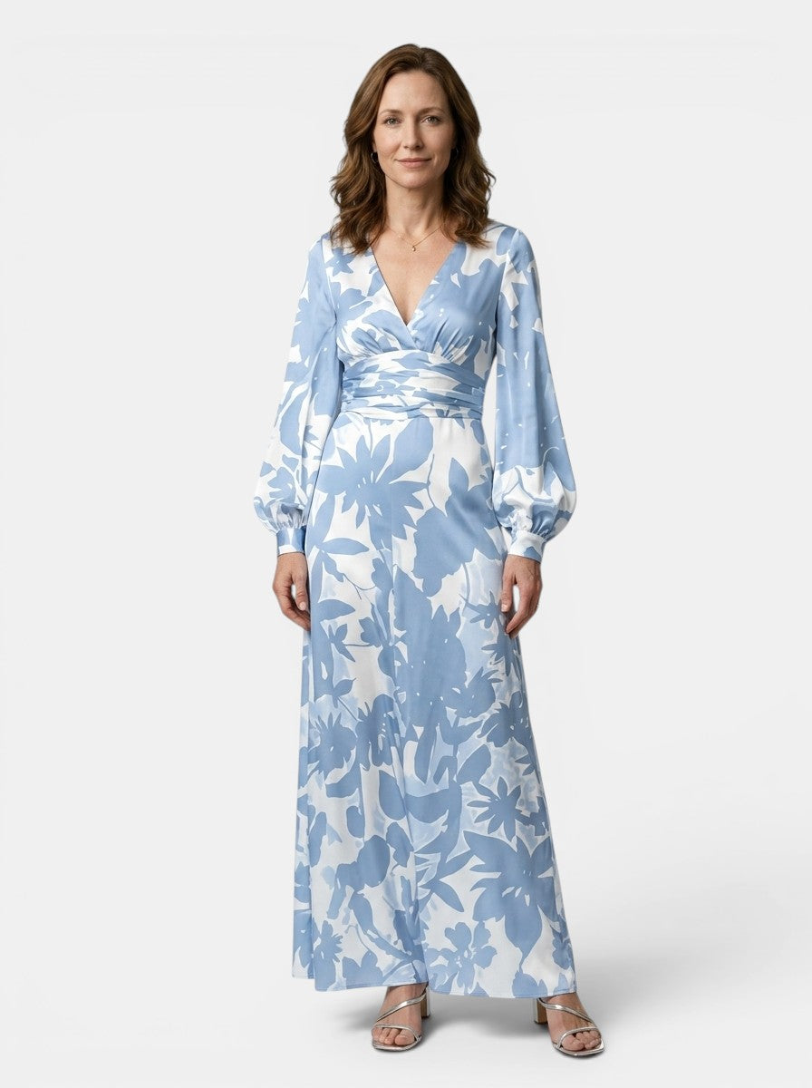 Cressida — Flowing Maxi Dress With Elegant Defined Waist And Long Sleeves Blue
